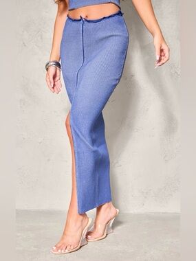 NEW PrettyLittleThing Blue Ribbed-Knit Maxi Skirt Stretch Front Slit - Med